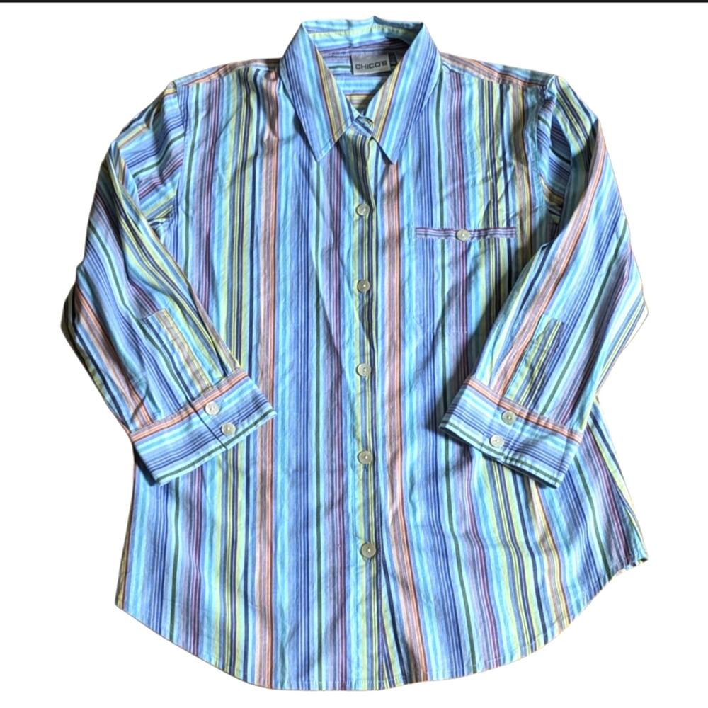 Chico's Blue Rainbow Stripe Mother Of Pearl Buttons Classic Button Down Blouse